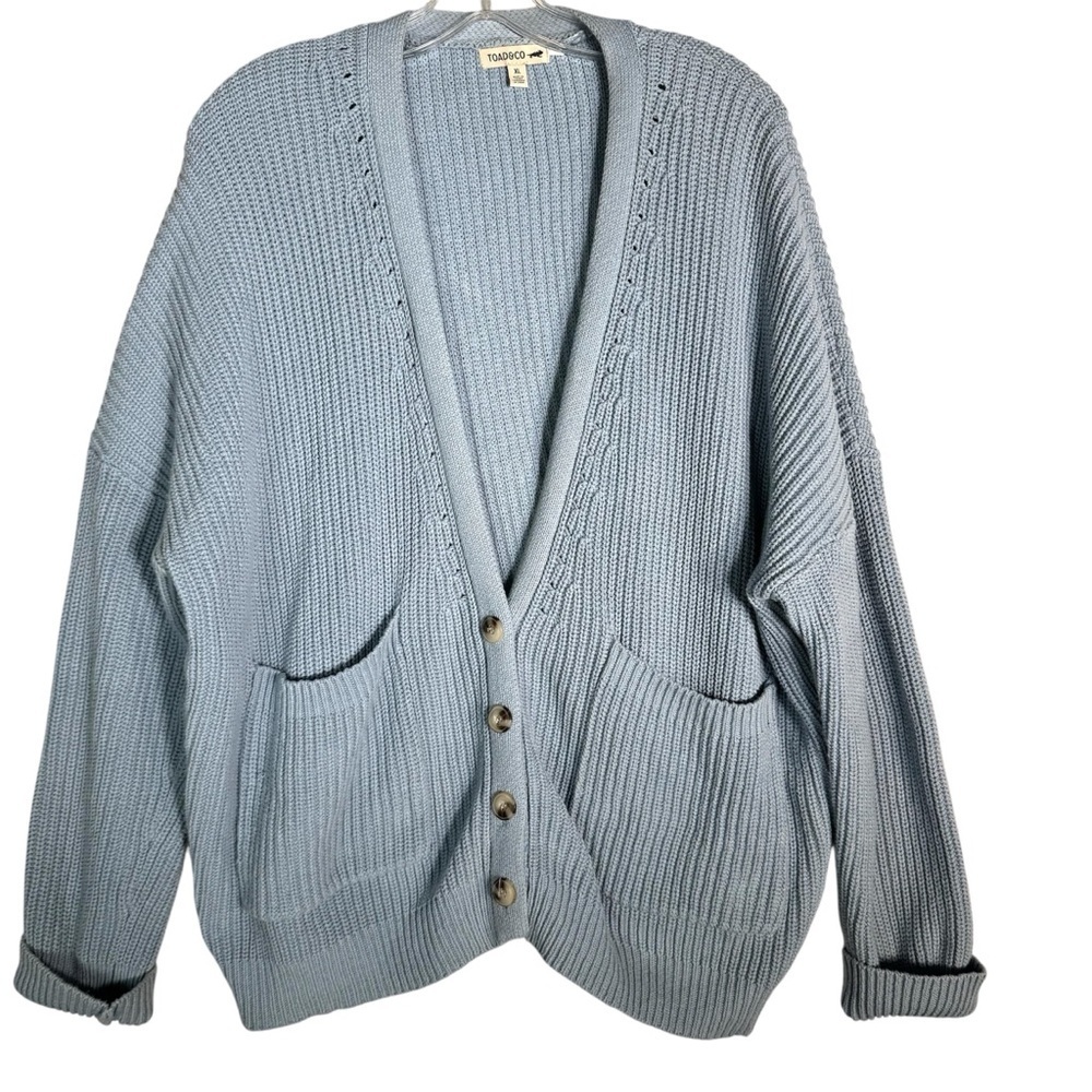 Toad&Co Bianca Button Cardigan Sweater Pockets Organic Cotton Lt Blue